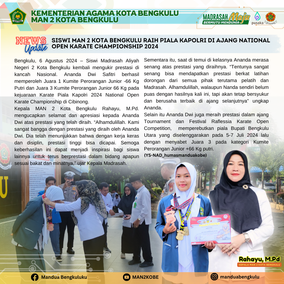 SISWI MAN 2 KOTA BENGKULU RAIH PIALA KAPOLRI DI AJANG NATIONAL OPEN KARATE CHAMPIONSHIP 2024